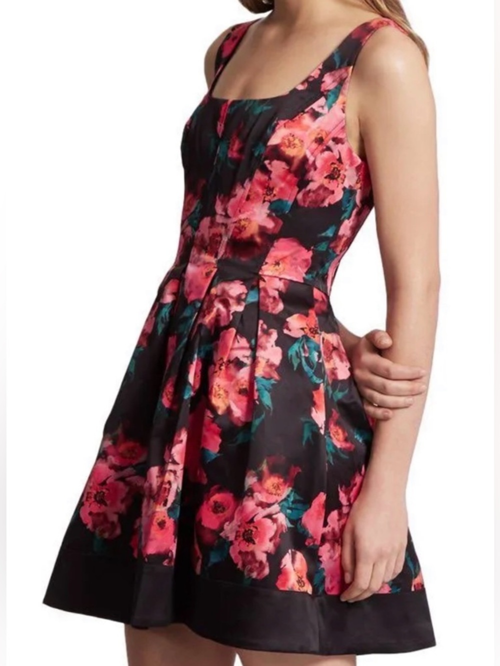 French Connection Black Satin Floral Fit & Flare Cocktail Event Dress 12 Pleated
